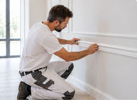 Artisan posant une moulure décorative sur un mur blanc