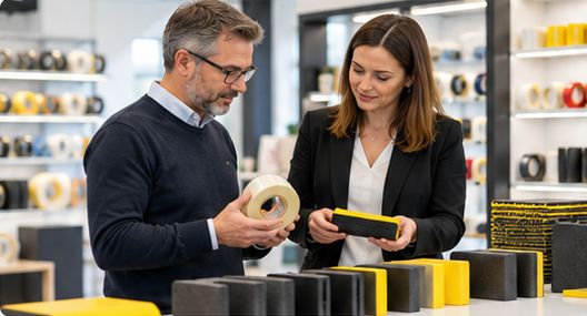 Deux professionnels examinant des rouleaux de ruban et des protections en mousse en magasin