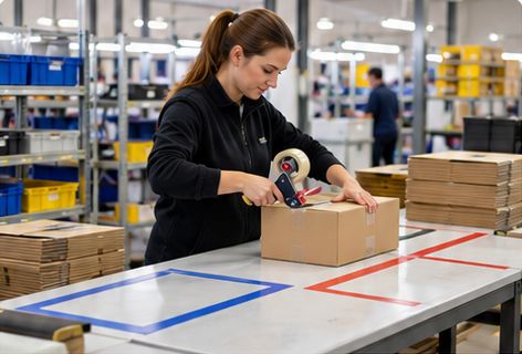 Préparation de colis sur une table de travail délimitée par des rubans bleu et rouge