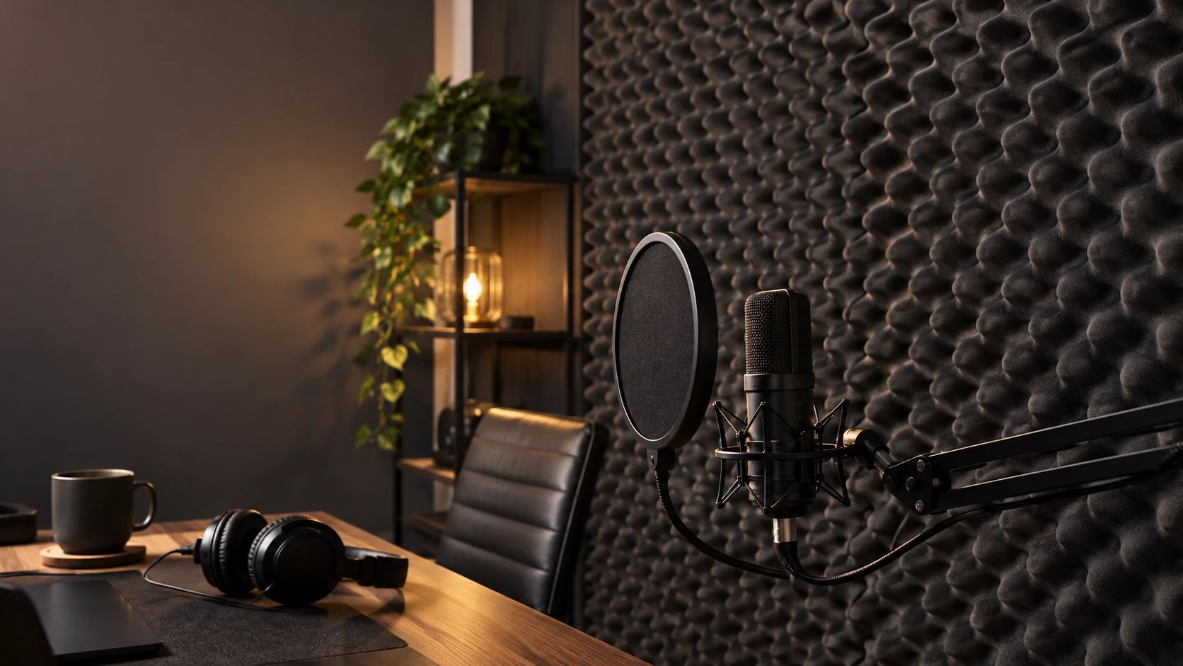 Studio d’enregistrement dont le mur est couvert de mousse acoustique ondulée noire