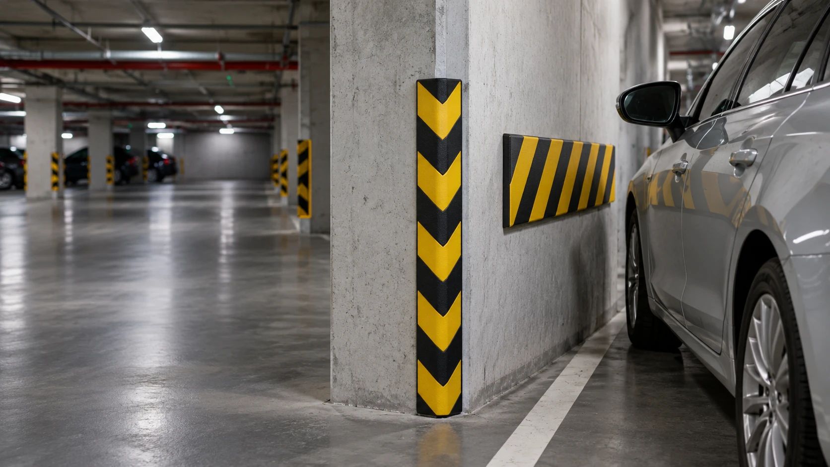Pilier de parking équipé d’un protège-coin et d’une protection murale jaune et noir
